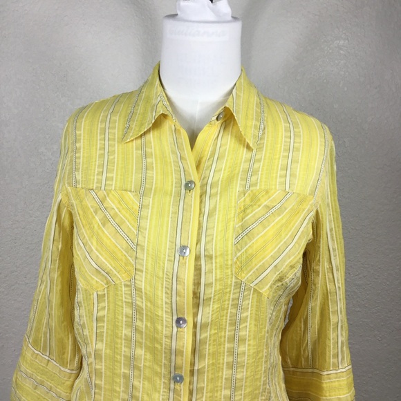 Chicos Women Blouse Size M Linen Blend 3/4 Sleeve Yellow  sheer Top Shirt - Picture 10 of 10